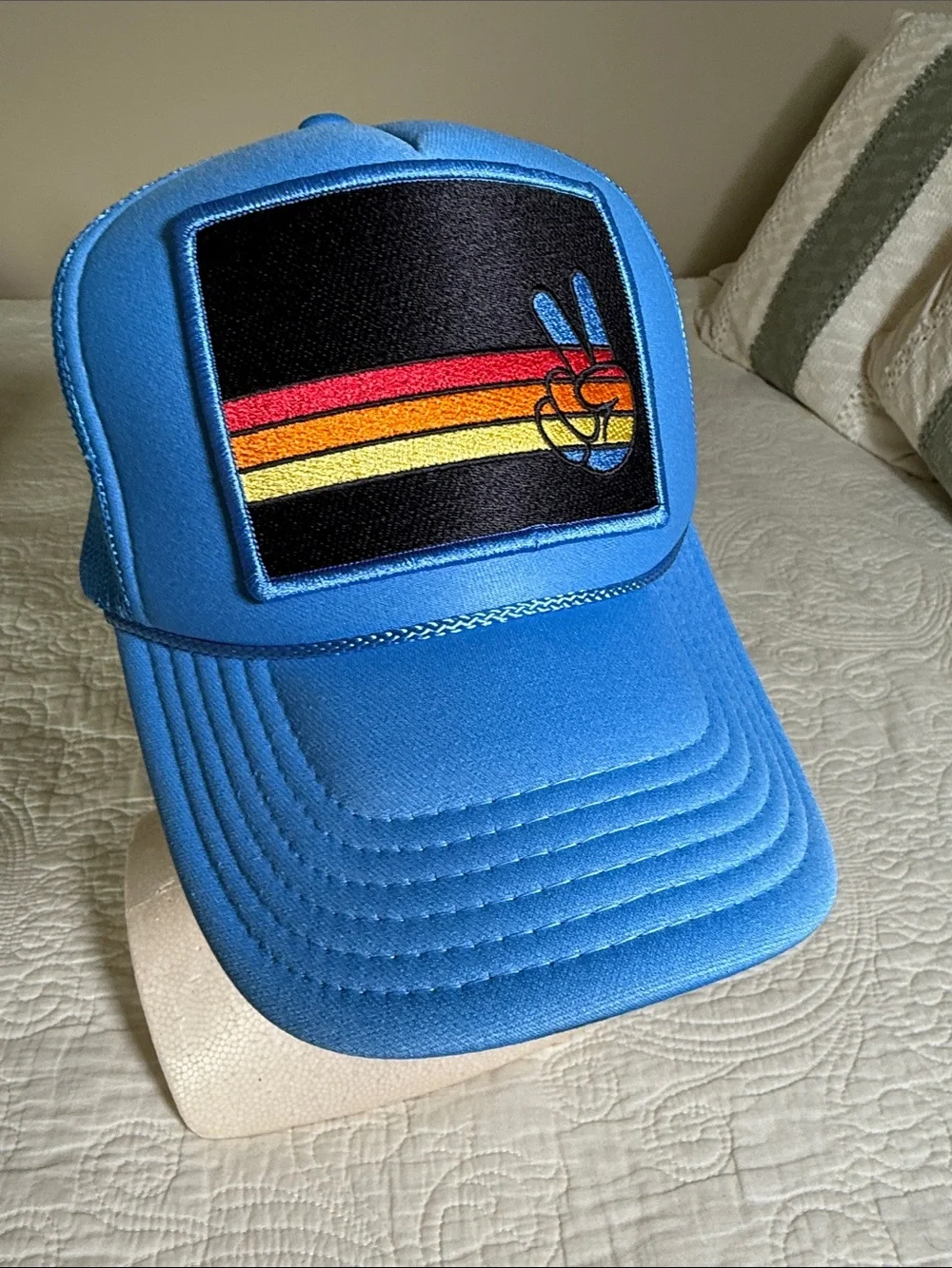 Port Sandz Blue Trucker Cap with Retro Stripe Peace